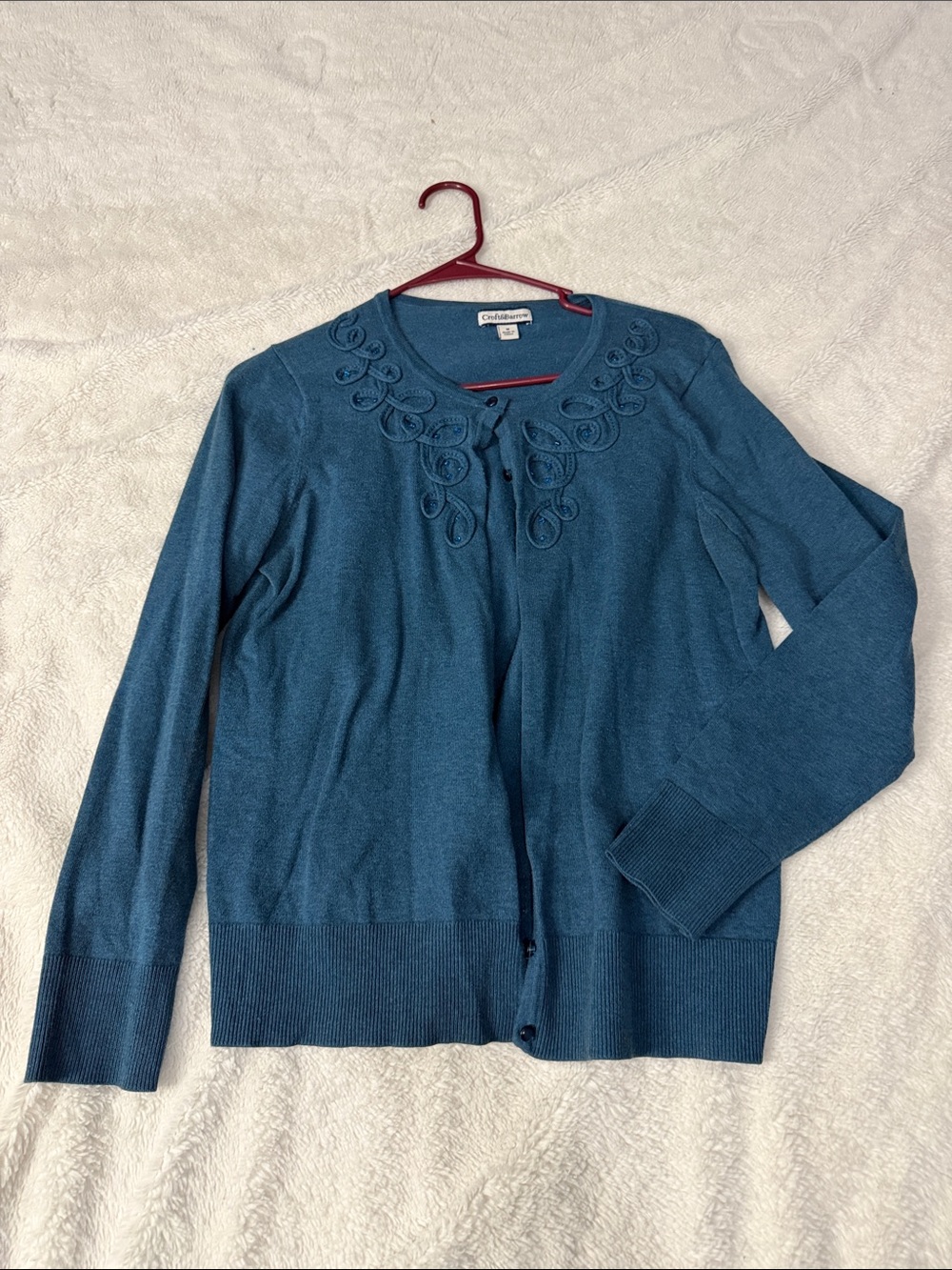 croft & barrow Teal Blue Embroidered-Neck Button Cardigan